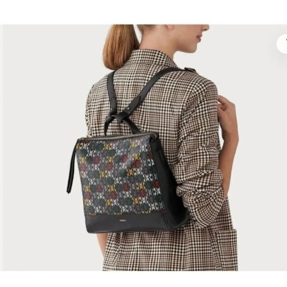 Fossil Elina Convertible Small Backpack black multicolor logo‎ print.